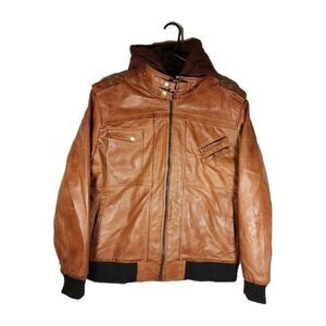 SM Leather Men's XL Tan Leather Distressd FullZip Hooded Motorcycle Biker Jacket